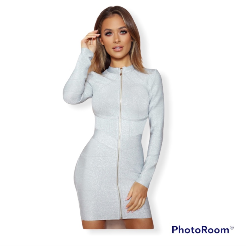 Long-Sleeve Zip Front Bodycon Dress in Light Silver